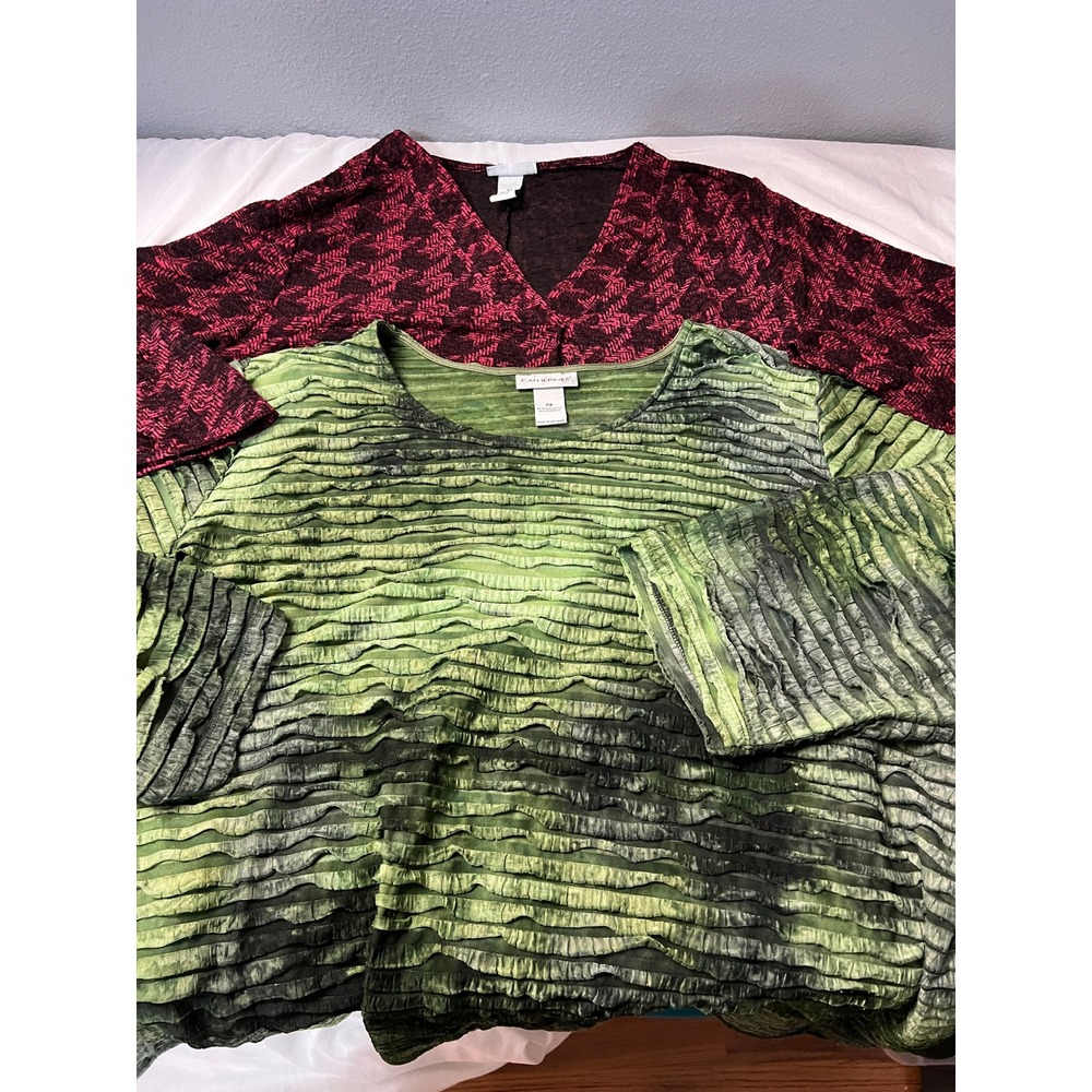 Catherines Plus Size 2X Tops Lot Green Textured Burgundy Houndstooth 3/4 Sleeve